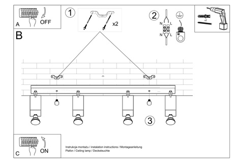 Plafon MERIDA 4L czarny + 4x Żarówka LED GU-10 3000K Ciepła 7W 620lm