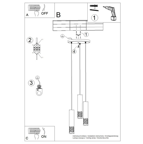 Lampa wisząca LIRO 3P biały + 3X Żarówka LED GU-10 4000K Zimna 7W 530lm