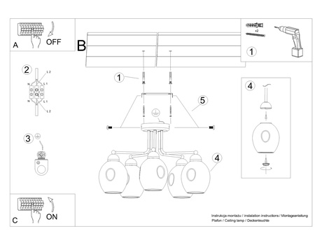 Żyrandol FILLAN 5 czarny + 5x Żarówka LED E27 3000K Ciepła 7,5W 620lm
