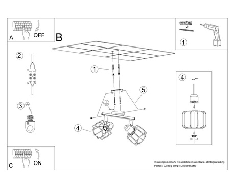 Plafon BELUCI 2 czarny + 2x Żarówka LED E14 4000K Zimna 7,5W 680lm