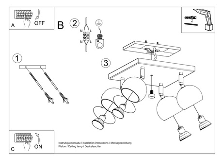 Plafon OCULARE 4 czarny + 4x Żarówka LED GU-10 3000K Ciepła 7W 620lm