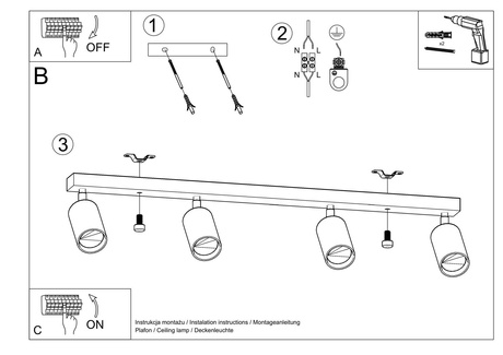 Plafon BERG 4 naturalne drewno + 4x Żarówka LED GU-10 4000K Zimna 7W 630lm