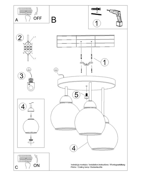 Żyrandol ALINO 3 czarny + 3x Żarówka LED E27 4000K Zimna 7,5W 690lm