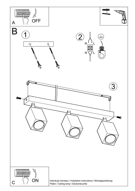 Plafon KEKE 3 dąb + 3x Żarówka LED GU-10 4000K Zimna 7W 630lm
