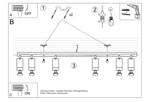 Plafon MERIDA 6L czarny + 6x Żarówka LED GU-10 3000K Ciepła 7W 620lm