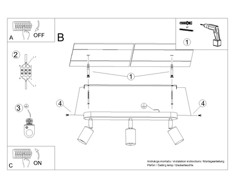 Plafon FORNES 3 czarny + 3x Żarówka LED E27 3000K Ciepła 7,5W 620lm