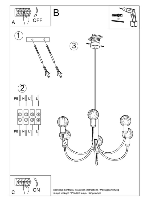 Żyrandol PICCOLO 5 + 5x Żarówka LED E27 3000K Ciepła 7,5W 620lm
