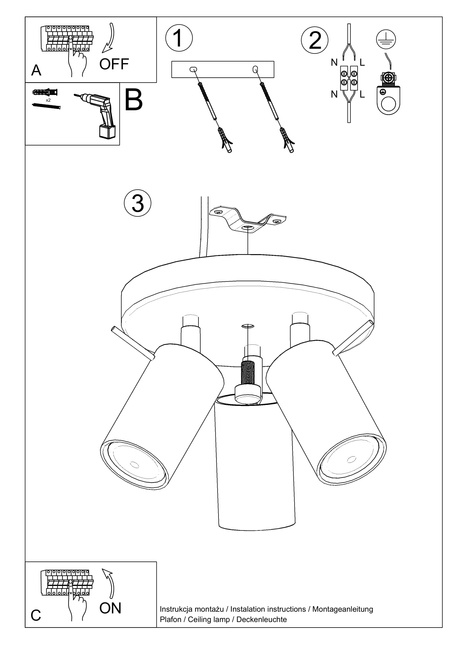 Plafon RING 3P biały + 3x Żarówka LED GU-10 3000K Ciepła 7W 620lm