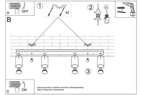 Plafon NERO 4 czarny/złoty + 4x Żarówka LED GU-10 4000K Zimna 7W 630lm