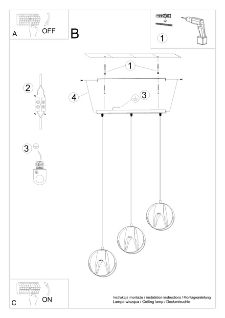 Lampa wisząca TULOS 3L czarna + 3x Żarówka LED E27 4000K Zimna 7,5W 650lm