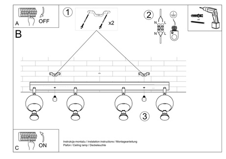 Plafon OCULARE 4L czarny + 4x Żarówka LED GU-10 3000K Ciepła 7W 620lm