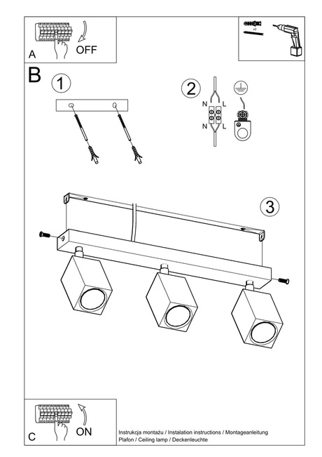 Plafon KEKE 3 dąb + 3x Żarówka LED GU-10 4000K Zimna 7W 630lm