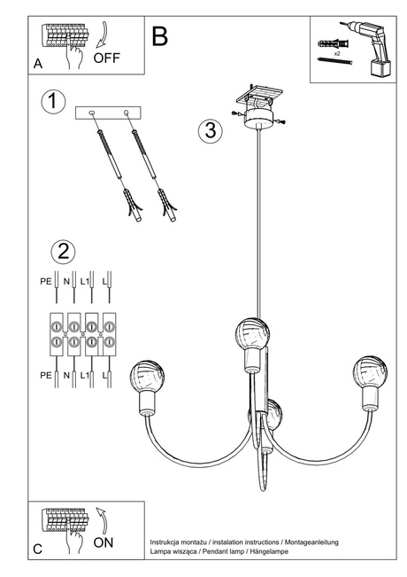 Żyrandol PICCOLO 3 + 3x Żarówka LED E27 4000K Zimna 7,5W 650lm