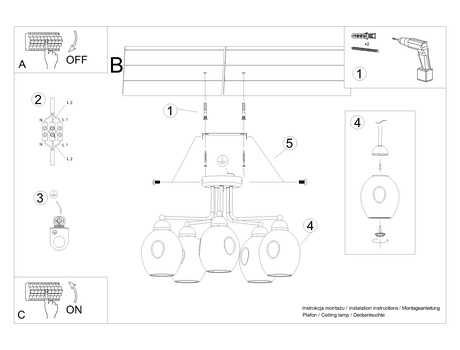 Żyrandol FILLAN 5 czarny + 5x Żarówka LED E27 3000K Ciepła 7,5W 620lm