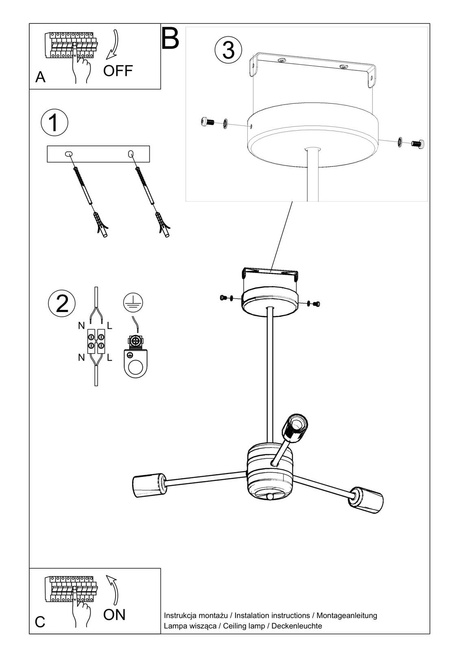 Żyrandol LANGO 3 czarny + 3x Żarówka LED E27 4000K Zimna 7,5W 650lm