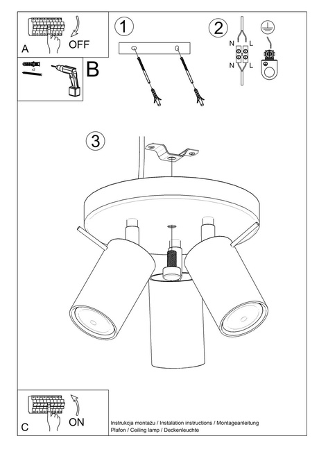 Plafon RING 3P biały + 3x Żarówka LED GU-10 3000K Ciepła 7W 620lm