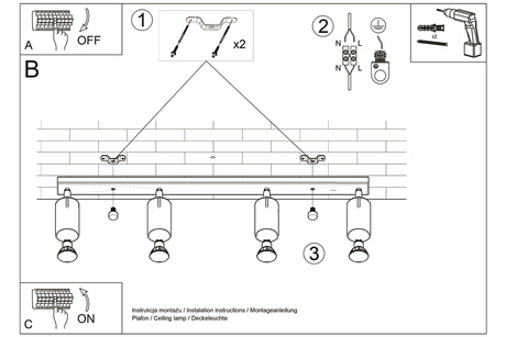 Plafon NERO 4 czarny/chrom + 4x Żarówka LED GU-10 3000K Ciepła 7W 620lm