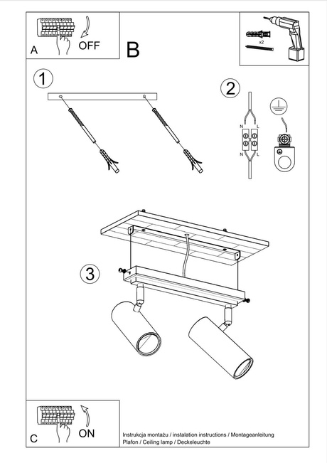 Plafon DIREZIONE 2 czarny + 2x Żarówka LED GU-10 3000K Ciepła 7W 620lm