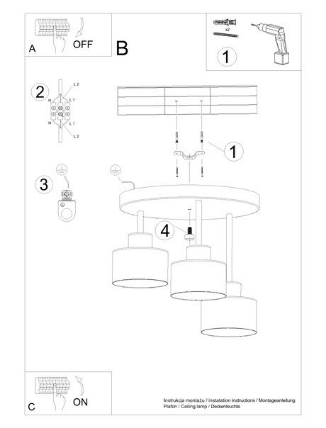 Plafon SAVAR 3 czarny + 3x Żarówka LED E27 4000K Zimna 7,5W 690lm