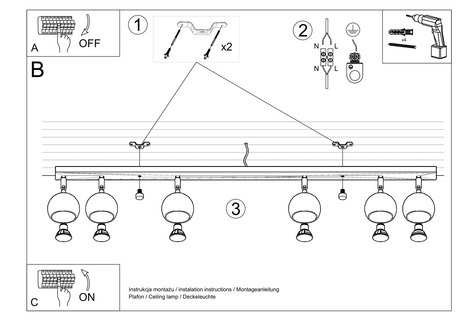 Plafon OCULARE 6L czarny + 6x Żarówka LED GU-10 4000K Zimna 7W 630lm