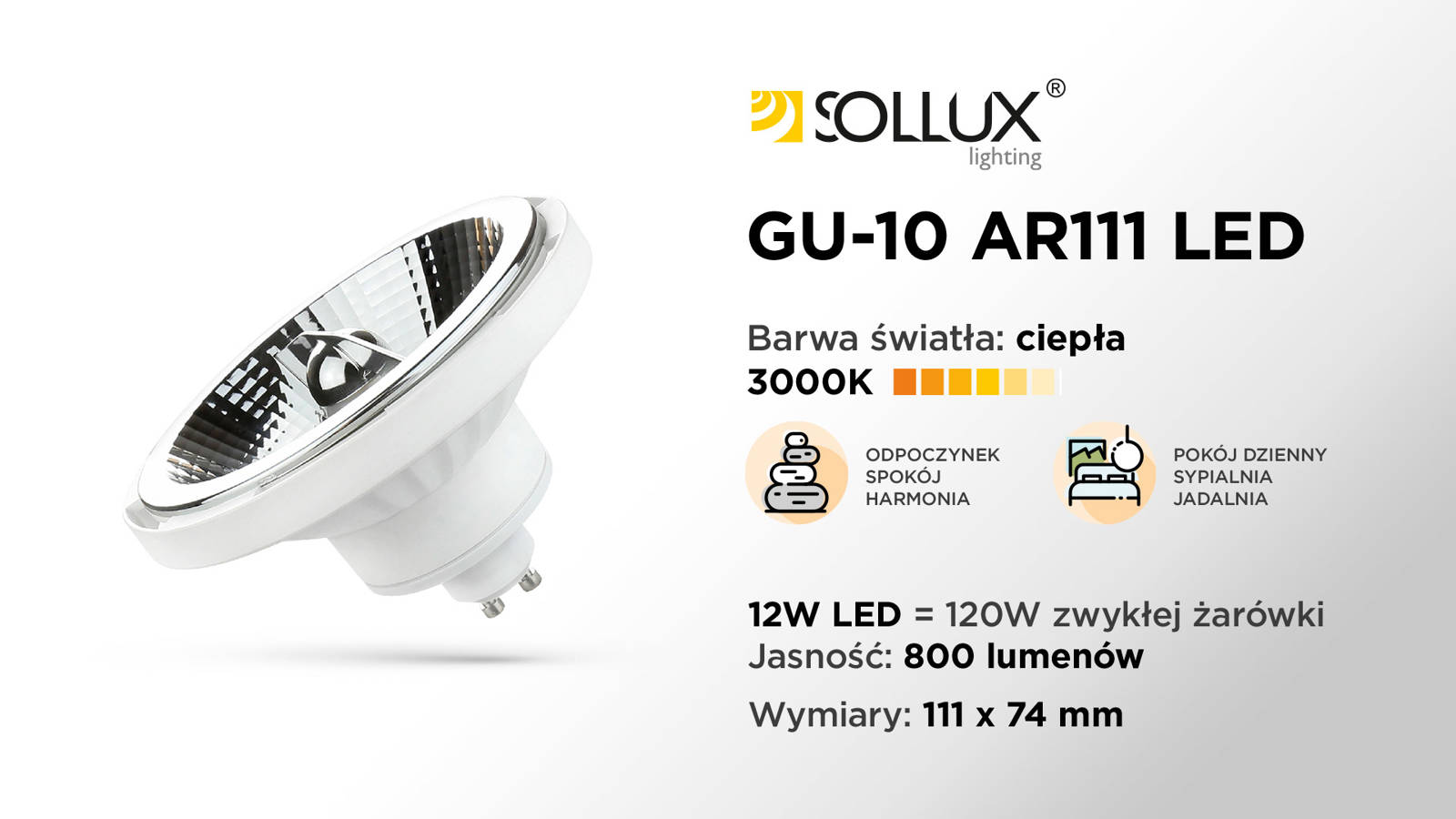 Żarówka LED GU10 AR111 3000K CIEPŁA 10W 800lm
